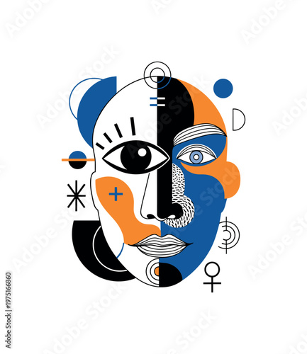 ink abstract face and eye symbol with geometric circles semicircles and symbolic shapes, black and white stylized eye emerging from ink abstract face form with