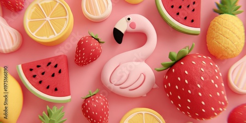 Pink flamingo surrounded by colorful summer fruits on a pastel background in playful 3D illustration