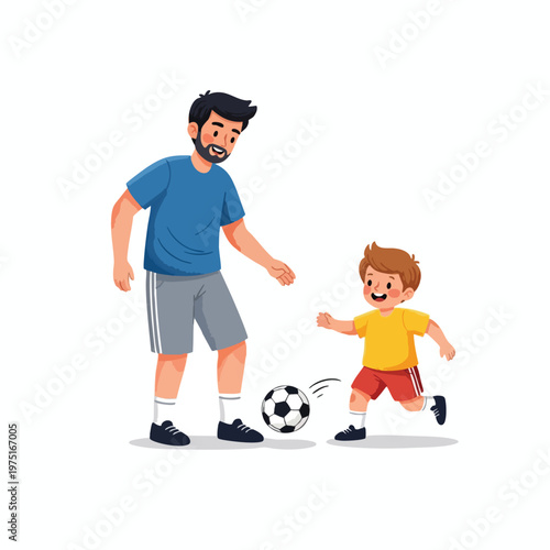 Father and son playing soccer on a white background