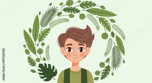Cartoon boy with leaf wreath.