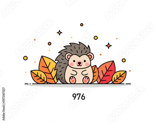 Tiny playful hedgehog autumn scene adorable little hedgehog sitting among orange, yellow, and red leaves with subtle sparkles enhancing the whimsical