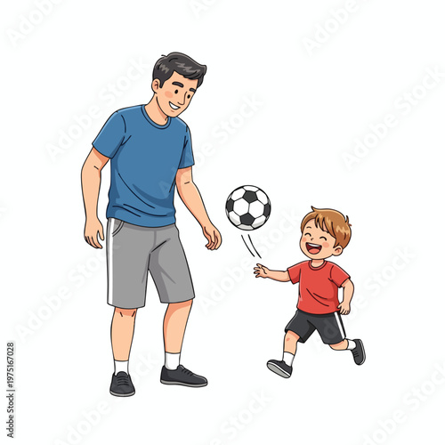 Father and son happily playing soccer together, a joyful moment