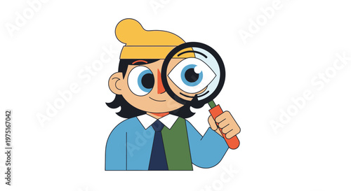 Cartoon boy with magnifying glass.