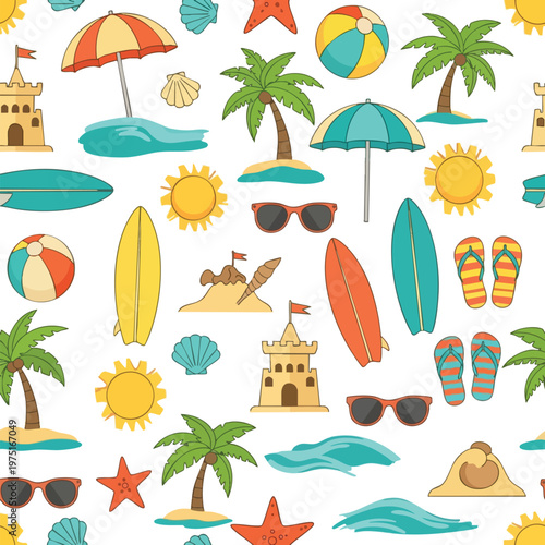 A seamless pattern of beach elements including suns, umbrellas, sandcastles, and surfboards