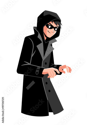 Cartoon character in black coat.
