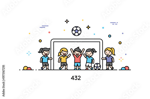Children team sports scene with players celebrating a goal and small sparkle accents expressing joy, teamwork, and positive competition. Minimalist flat vector