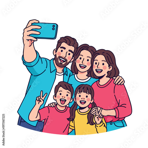 A happy family of four poses for a selfie taken with a mobile phone