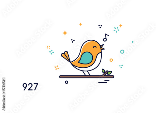 Mini playful bird adorable tiny bird perched on a branch, singing joyfully with subtle decorative sparkles and tiny accents around for a whimsical scene.