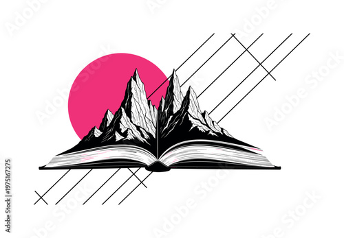 book unfolding into towering mountain peaks, large pink circle and diagonal grid lines in background, symbolic conceptual composition, high contrast black and
