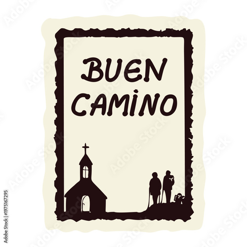 Simple pilgrims rest symbol sign with boots, backpackers hostel and church. Hand drawn black and white flat vector motif for european pilgrimage and spain alergue pitstop rest. 