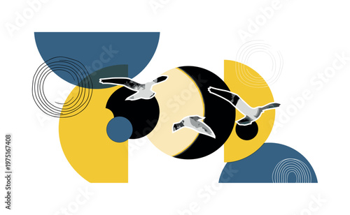 birds silhouette sun eclipse with abstract semicircles circles and graphic blocks, black and white birds flying across solar eclipse composition with white