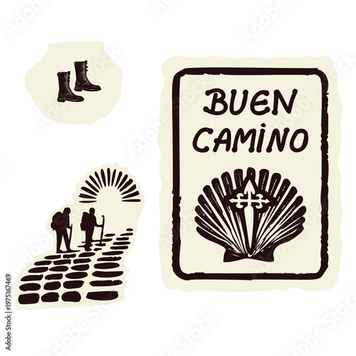Backpackers pilgrim boots on camino trail waymarker. Hand drawn black and white flat vector explorer motif. Pilgrimage signpost arrow for St James way icon or travel to alergue pitstop motif.