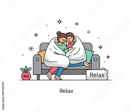 Home comfort scene with two people sitting closely wrapped in a blanket on a sofa with a subtle ?Relax? label expressing warmth, trust, and emotional