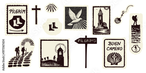 Simple pilgrims rest symbol set sign with boots, scallop shell, holy spirit, church, backpackers.Hand drawn black and white flat vector motif for european pilgrimage and spain albergue pitstop rest.