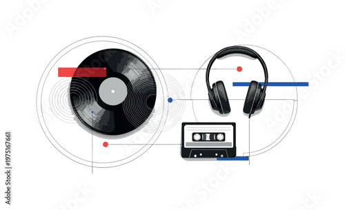 vintage audio culture collage featuring vinyl record, cassette tape, and headphones, black and white realistic objects cut-out with white outline, concentric