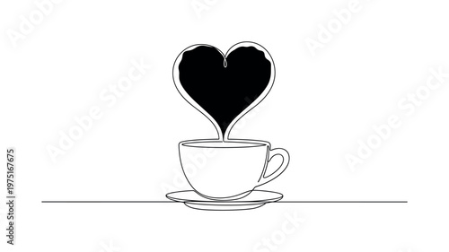 Valentine Coffee Concept. Minimalistic one-line drawing coffee cup with large heart-shaped steam forming elegant silhouette, continuous single black line on