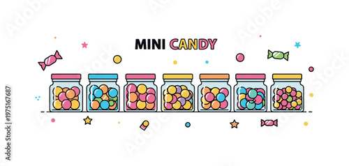 Mini candy display a compact arrangement of tiny jars filled with different candies placed in a balanced composition. The scene conveys choice, fun, and