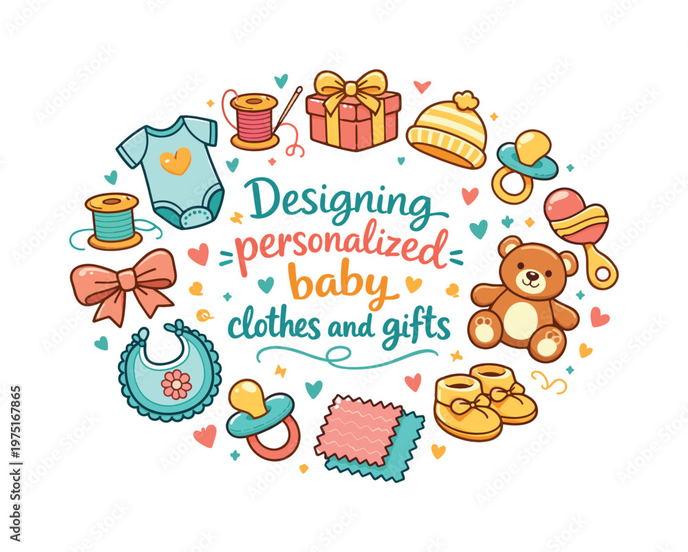 Fototapeta premium Personalized Baby Gifts. Designing personalized baby clothes and gifts. Hand drawn illustration of Designing