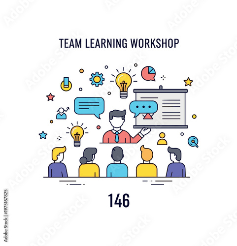 Team learning workshop concept centered on a presenter and seated participants with speech bubbles and light idea icons expressing collaboration and shared