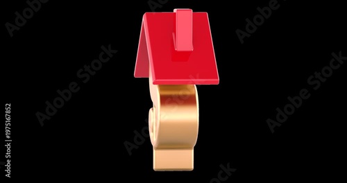 Dollar sign under House Roof, rotation animation seamlessly loopable. 3D rendering isolated on transparent background