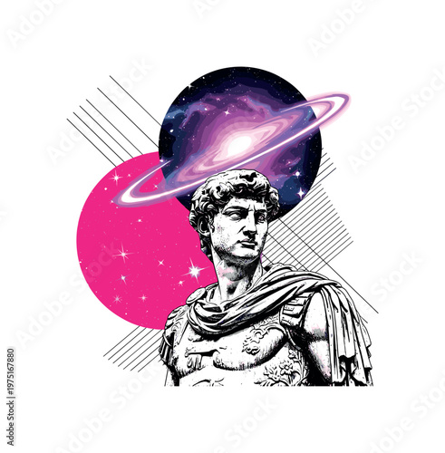 roman statue with oversized cosmic halo glowing like a galaxy, large pink circle mixed with star textures and diagonal grid lines in background, surreal