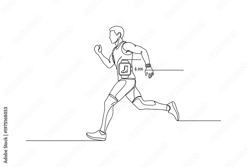 Fototapeta premium Fitness Run Monitoring Concept. Minimalistic one-line drawing runner in motion with smartwatch displaying step count icon, continuous single black line on