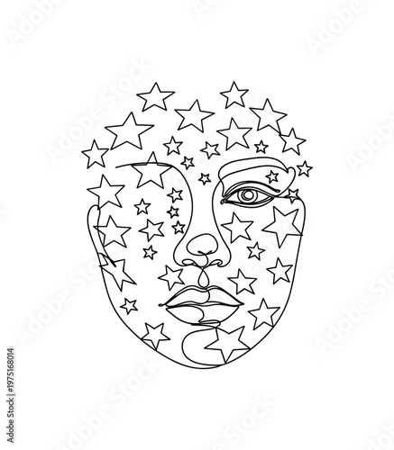 Astral Identity. Minimalistic one-line drawing a human face merged with stars forming abstract contours, continuous single black line on white background,