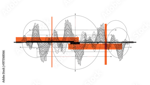 distorted analog waves with geometric abstraction, monochrome wave lines warped and intersected by bold orange blocks and diagonal bars, semicircles and thin