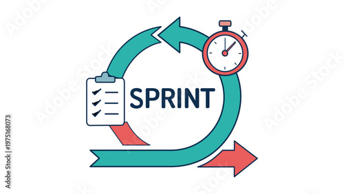 Agile sprint vector icon illustration for project mangement and software develoment workflows. Features acircular arrow loop, stopwtch timer, and checklist cipboard for scrum methodolgy.
