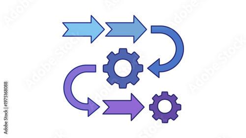 Project management process flow vector icon illustraton featuring blue and purpe gradient arrows and gear representing workflow autmation, business strategy,and milestone tracking.