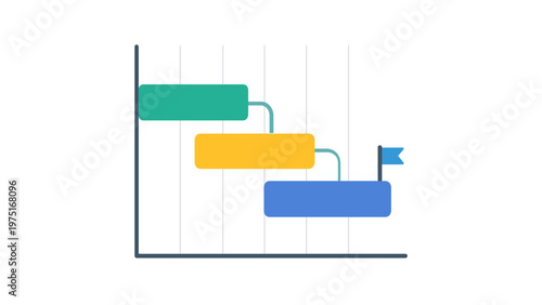 Project management timeline icon vector illustration eaturing a Gantt chart wit colorful gradient bars, cnnecting lines, and a miletone flag for business planing and workflow schedulig.