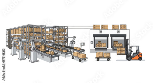 Isometric illustration depicting warehouse automation, showing industrial storage logistics with conveyor belts moving parcels, AGV robots, a forklift, and a dispatch zone against a clean