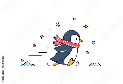 Tiny penguin glide a small penguin sliding gently with soft rounded shapes and minimal icy details. A calm and friendly visual of winter movement, Minimalist