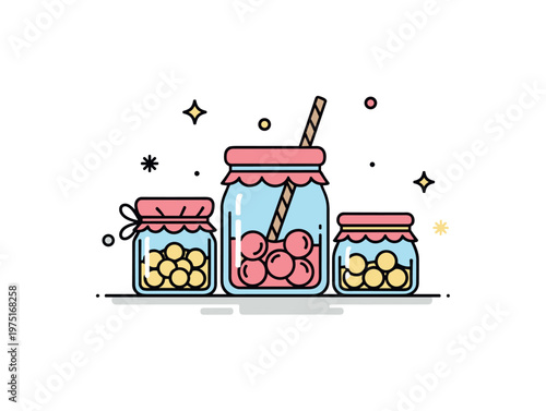 Mini dessert jars a tiny arrangement of jars filled with sweets with subtle decorative dots and clean layout. The scene conveys joy and simple pleasure,
