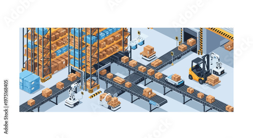 Isometric vector illustration showing warehouse automation with parcel sorting on a conveyor belt, AGV robots, forklift, and industrial storage racks, conveying a sense of organized