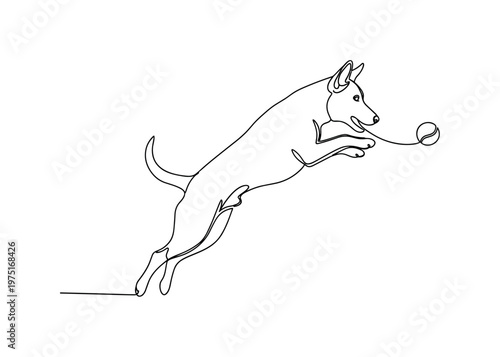 Excited Chase. Minimalistic one-line drawing a dog jumping energetically after a ball, continuous single black line on white background, simple outline style,