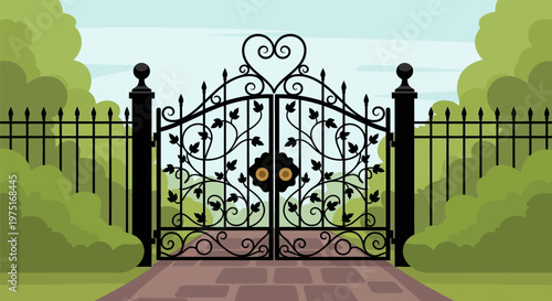 Ornate Iron Garden Gate Entrance.