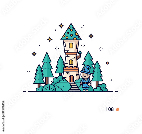Little wizard forest scene cute tiny tower nestled in a forest with small glowing windows and subtle sparkles adding a magical touch. Minimalist flat vector