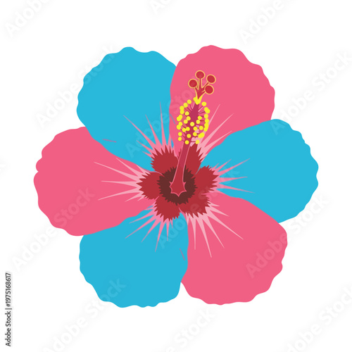 Vivid hibiscus with alternating pink and cyan petals, yellow pistil, red center