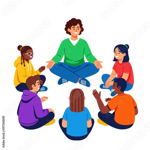 People sitting in circle talking.