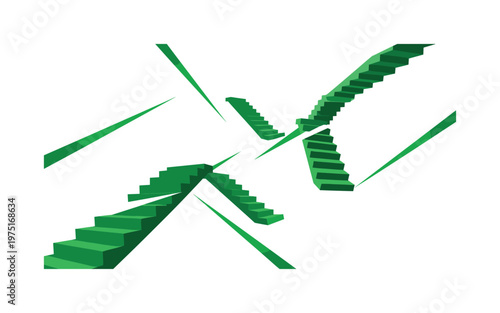 fragmented stairs drifting in space environment, green geometric shapes and sharp lines slicing through composition, flat colors and strong contrast,