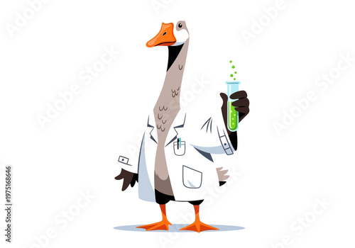 Duck in lab coat holding beaker.