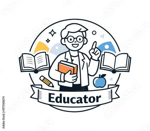 Educator Badge Design. Education badge design. A clean circular emblem with a centered teacher icon and simple