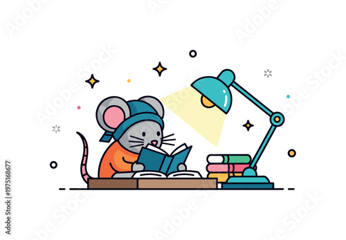 Small night scholar a mouse at a simple desk reading attentively with a focused expression and warm lamp glow. The scene highlights dedication and quiet study