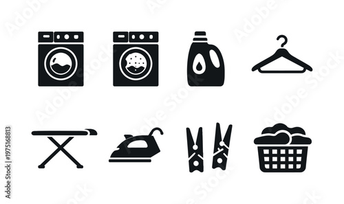 Laundry Care. Filled icon set of Laundry Care: washing machine, dryer, detergent bottle, clothes hanger,