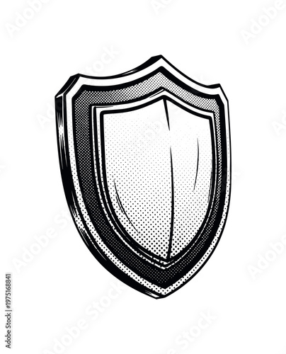 A decorative shield emblem with layered classical engravings and subtle ornamental curves, slightly angled as a single object, black and white halftone