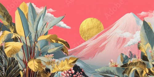 Tropical plants and flowers in front of a stylized mountain landscape with golden sun on a vivid pink sky