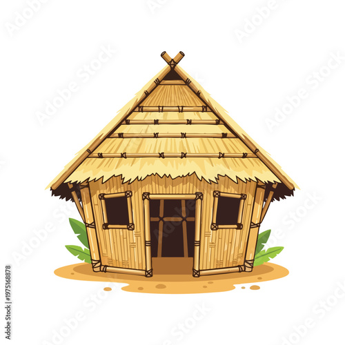 Simple thatched hut with bamboo walls and windows, set on sand