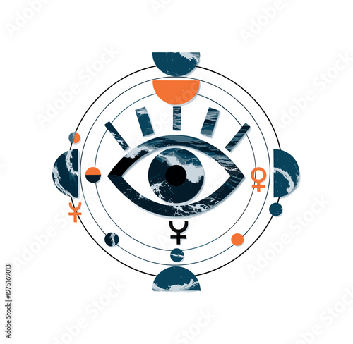 cosmic ocean eye symbol with geometric circles semicircles and symbolic shapes, black and white ocean waves shaping mystical eye symbol with layered collage