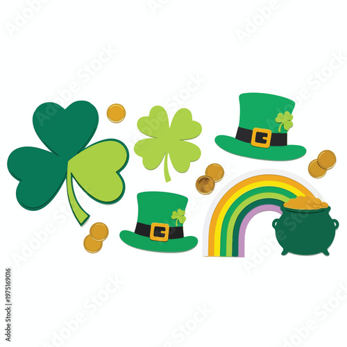St. Patrick's Day graphic with clovers, hats, coins, rainbow, and pot of gold